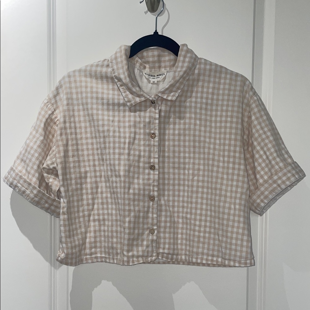 Gingham tan and white Button-Up Cropped Shirt